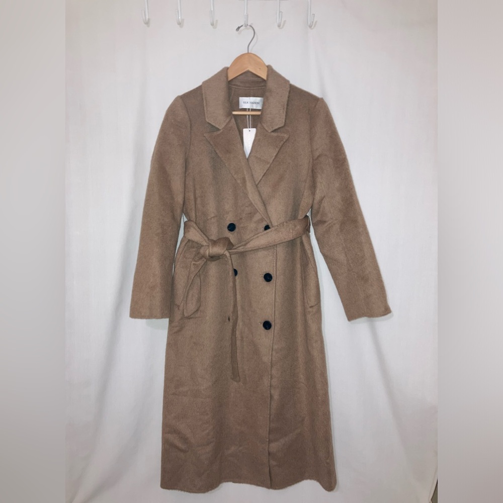 NWT Silk Maison Double-Breasted Camel Hair Maxi Trench Coat In Tan Sz Large - Picture 5 of 15